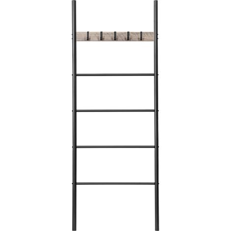 Porte-Serviettes sur Pied, Étagère Échelle, 5 Amovibles Crochets, 60 x 2 x 177 cm, Petits Espaces, Stable, pour couvertures, vêtement, journaux, Grège et Noir (1/5)