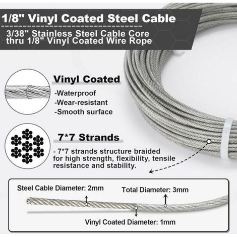 Cable Inox 3mm,50M/3mm Corde en Acier Inoxydable,Cable en Acier Revêtu avec Serre-Câbles,M3 Manchons,Cosses en Acier (1/5)