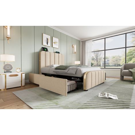 Polsterbett Doppeltes, gepolstertes Kopfteil mit goldenen Zierstreifen und ,USB Typ-C Beige Leinen-Material mit 4 Schubladen ,Belastbarkeit 181 kg (Ohne Matratze) (1/5)