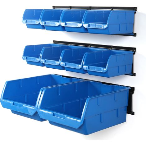Bacs de rangement muraux, bacs de rangement muraux pour pièces, 10 bacs et 3 rails, support mural, organisateur d'outils (bleu) (1/5)