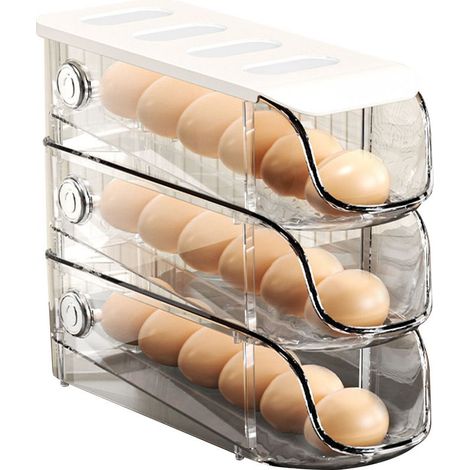Lot de 3 boîtes à œufs empilables en plastique à roulettes pour réfrigérateur, idéales pour ranger les œufs blancs. (1/5)