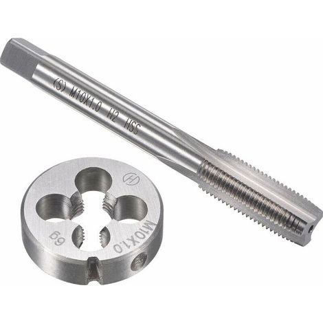 Jeu de tarauds et filières. Jeu de tarauds et filières métriques M10 x 1 mm, taraud machine HSS avec filière ronde en acier à outils allié. (1/5)