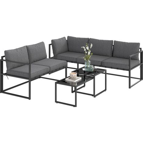 Salon de jardin extérieur d'angle 4 pièces avec 2 canapés et 2 tables basses gigognes en verre trempé, gris (1/5)