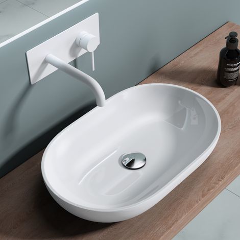 doporro® Lavabo sobre encimera 54x34x10,5cm diseño Colossum808 blanco brillante, fabricado en mármol fundido
