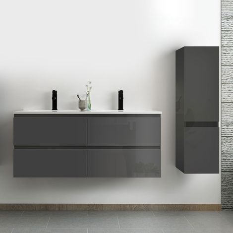 Ocean ensemble meuble salle de bain 120 cm anthracite brillant avec 4 tiroirs à fermeture automatique, double lavabo céramique + colonne, suspendu (1/5)