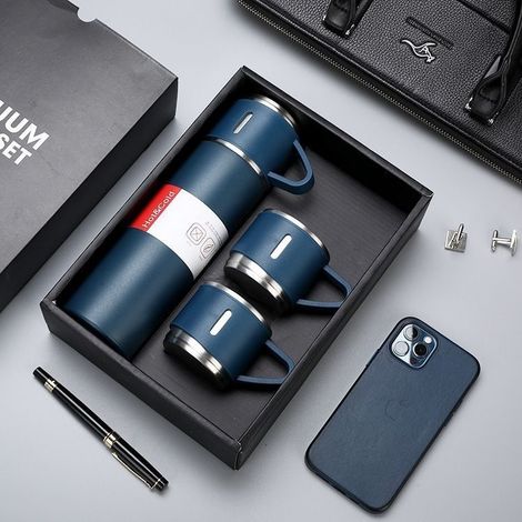 Bouteille isotherme 500 ml en acier inoxydable avec gobelet et couvercle. Mug de voyage isotherme pour café et thé (bleu). (1/5)