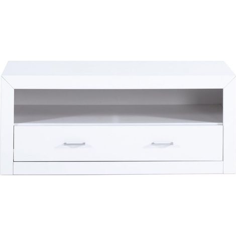 Mesa para televisión, pino macizo y Mdf, Moblit, serie Kalpe lacado , medidas: (50x120x50) cm ( altoxanchoxfondo), color blanco.