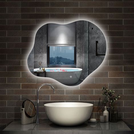 AICA Miroir lumineux de salle de bain en forme de nuage 60×50cm, rétro-éclairage, Design Asymétrique, 3 Couleurs + Dimmable + Anti-buée + Mémoire
