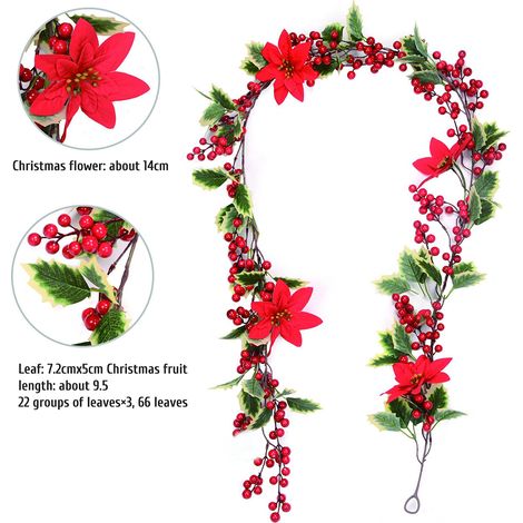Guirlande de Noël artificielle de 2 m (6,5 pi) avec baies rouges et feuilles de houx, idéale pour décorer cheminée, mur ou table. (1/5)