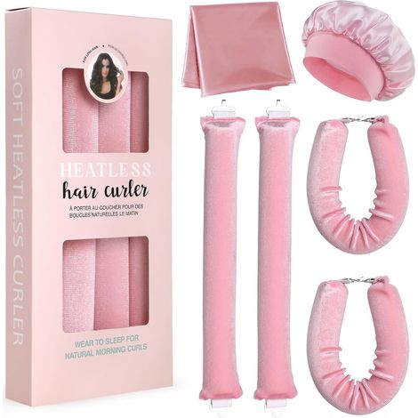 Bigoudis sans Chaleur, 6 Bandeaux à Boucler sans Chaleur avec Foulard en Satin et Bonnet de Douche, Bigoudis doux et Confortables pour des Boucles de Nuit Rose (1/5)