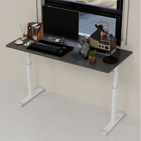 bureau réglable assis-debout manuel métal bois gris OKMYHOME (1/5)