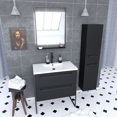 Mobile Bagno 80 cm, Lavabo Bianco, Specchio LED e Colonna - Nero - STRUCTURA
