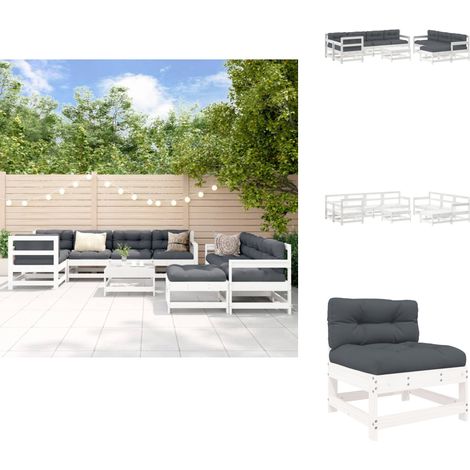 10-tlg. Garten-Lounge-Set mit Kissen Weiß Massivholz - Gartenmöbel - Loungesessel - Gartenloungeset - Rattan Möbel - Holzmöbel