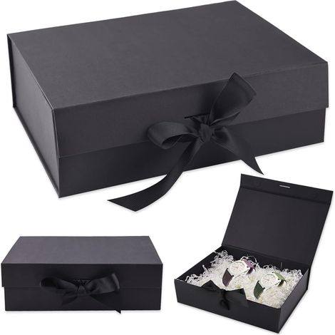 Boîte-cadeau rectangulaire de luxe en ruban de qualité supérieure avec couvercle, anniversaire, anniversaire (26,7 × 19 × 8 cm, noir) (1/5)