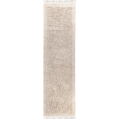 Alfombra de algodón 80 x 300 cm pelo largo borlas boho moderno beige claro Bitlis