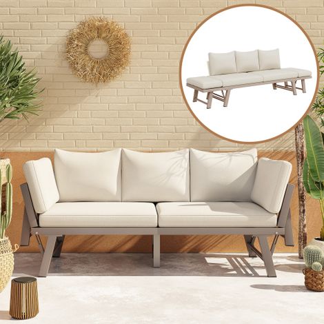 Canapé de jardin 3 places convertible en méridienne – Structure en acier galvanisé – Accoudoirs rabattables – Coussins confortables – Beige
