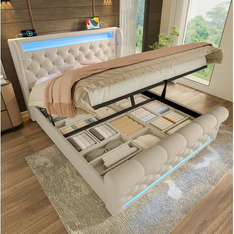 Letto contenitore in velluto beige 140x200 cm con LED, USB e Type-C, rete inclusa (1/5)