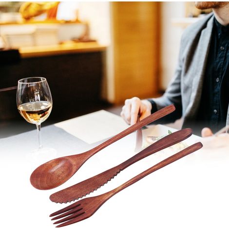 Ensemble 3 pièces couteau fourchette cuillère en bois portable pour dessert maison hôtel