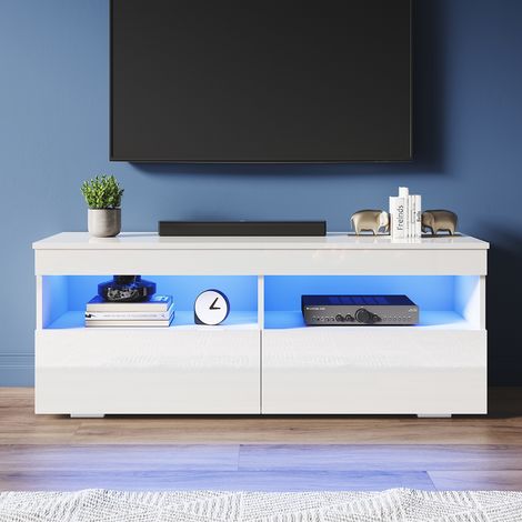 ELEGANT 1200mm Modern High Gloss TV Stands with LED Lights TV Cabinet with 2 Drawers for Living Room Bedroom Furniture, White (1/5)