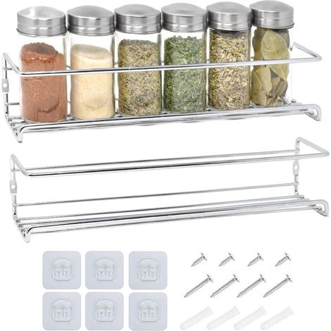 2 Pièces Étagère à Épices, Acier Inoxydable, Design 2 Niveaux, Rangement Cuisine Murale ou Comptoir