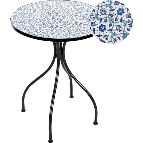 Mesa de balcón exterior de metal estilo vintage 60 cm tablero de cerámica motivo floral estructura hierro negro Chapeco