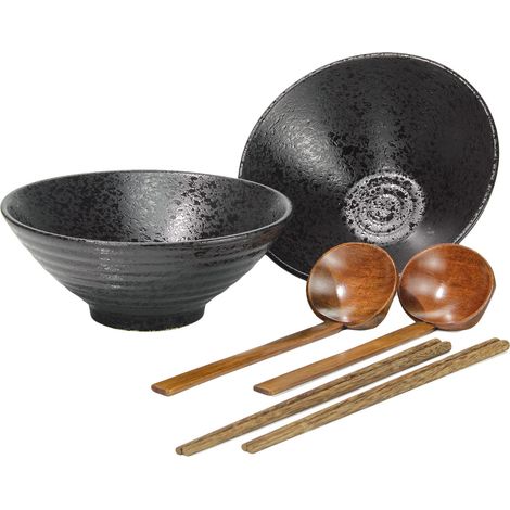 2 Ensembles (6 pièces) Bol à Soupe Ramen Japonais en Porcelaine, Grandes Saladier 1600 ML / 57 oz avec Cuillère et Baguettes, Va au Lave-Vaisselle et au Micro-Ondes, pour Nouilles Asiatiques, Noir (1/5)