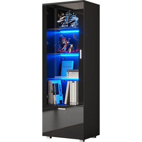 Vitrine noire brillante avec porte en acrylique, vitrine en acrylique éclairée par LED pour objets de collection, parfums, bibliothèques et portes noires brillantes (3 étagères) (1/5)