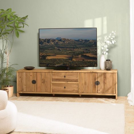 SANDY - Meuble TV 2 tiroirs 4 portes, longueur 240cm bois pin recyclé (1/5)
