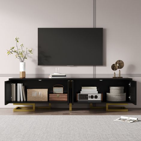 Mobile TV 160x38x44.5 cm nero in truciolare con 4 ante, ripiani interni e piedi regolabili (1/5)