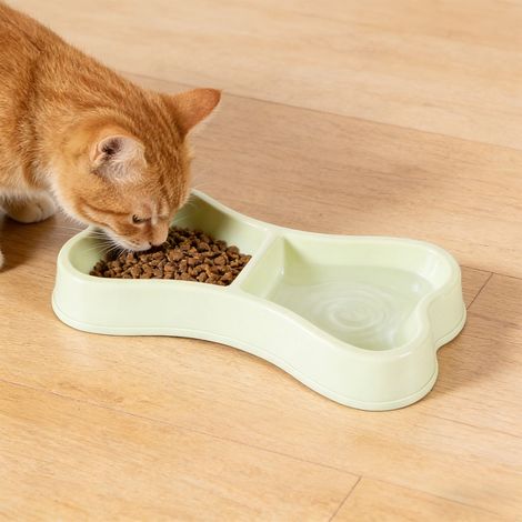 Ciotola multifunzione per animali domestici, a forma di osso, adatta sia per cani che per gatti, che integra ciotole per cibo, acqua e bevande. Ciotola piccola in plastica antiscivolo, di colore verde (1/5)