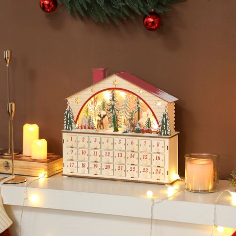 Adventskalender zum Befüllen 24 Schubladen Fächer Weihnachtskalender mit LED-Lichtern Naturholz 36 x 10 x 34 cm