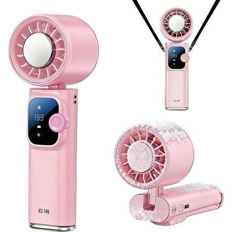 Handheld Ice Cooling Fan, 199-Speed Turbo Fan, 4000mAh Rechargeable Foldable Fan with 1-14H Runtime,Pink (1/5)