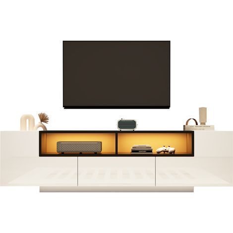 Meuble TV LED blanc brillant 180 x 40 x 48 cm avec 2 modules en L, 1 tiroir et rangements ouverts pour salon, TV jusqu’à 75 pouces  CHICFURN (1/5)
