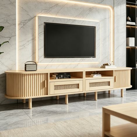 Meuble TV bois - Meuble de salon - avec tiroirs en rotin et portes coulissantes - Meuble télévision ovale design (1/5)