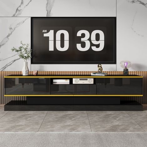 Meuble TV moderne avec trois tiroirs et niche ouverte, finition brillante avec LED à changement de couleur, 180×38×45 cm (1/5)