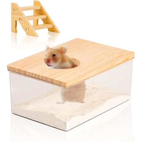Boîte de bain de sable pour hamster en acrylique transparent : salle de bain carrée avec couverture en bois naturel, escalier pour souris, lemmings, gerbilles, petits animaux ou autres petits animaux (1/5)