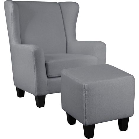 Zhili-Fauteuil + Tabouret en Tissu Gris