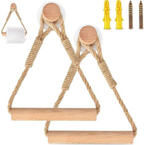 Bardusch-2 pièces porte-papier toilette corde bois + anneau serviette rustique, pour salle de bain et cuisine (1/5)