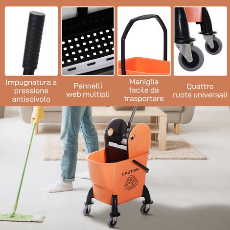 Chariot de nettoyage pro 26L avec essoreuse amovible, roulettes pivotantes, dimensions 44x36x90cm, teinte orange. (1/5)