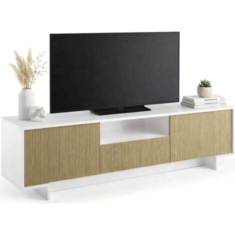 Dmora - Mueble TV Andromeda, Mueble TV para salón, Aparador bajo de salón con 2 puertas y 1 cajón, 100% Made in Italy, 170x42h48 cm, Blanco y Beige