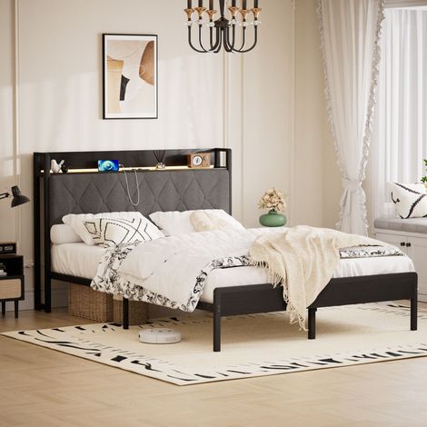 Lit rembourré 140x190 cm avec LED multicolore,2 prises secteur+2 USB,rangement sous lit 22,5 cm,structure métal,noir et gris foncé (1/5)