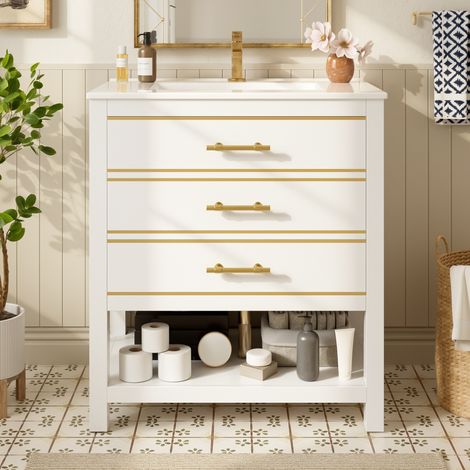 Waschtisch mit Unterschrank MDF Weiß/Gold 76 cm, freistehend, mit Keramikbecken, 2 Schubladen und offenem Fach (1/5)