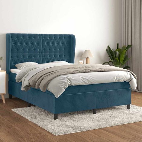 Lit double et matelas Lit à sommier tapissier et matelas Lit Adulte Bleu foncé 140x190cm Velours BVM31305 (1/5)