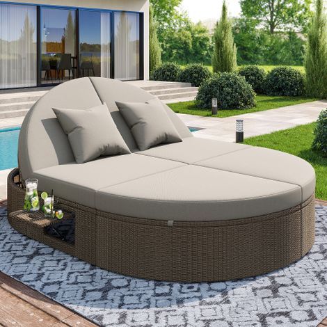 Meuble de jardin, canapé convertible, canapé de jardin 2 places, dossier réglable, 2 petites étagères, en rotin, gris