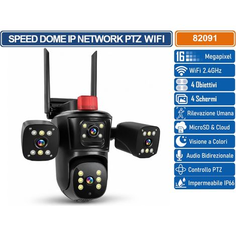 TELECAMERA WI-FI PTZ 4 LENTI 16MP DA ESTERNO CON VISIONE NOTTURNA, AUDIO BIDIREZIONALE, RILEVAMENTO MOVIMENTO E CONTROLLO DA APP FF VIDEO