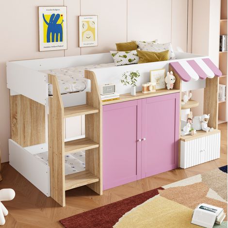 Letto per bambini a casetta 90 x 200 cm con scala, vano aperto, bianco, rosa e legno HAVRYA (1/4)