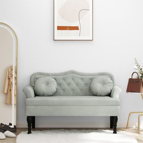 Banquette 2 places velours gris clair design capitonné pieds bois massif 120,5 cm (1/5)