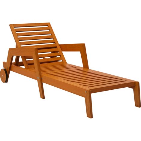 Bain de soleil en bois à lattes avec dossier inclinable sur 3 positions accoudoirs 2 roues 66 x 190 x 73,5 cm