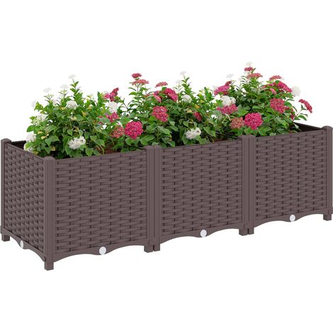 Potager surélevé en plastique à arrosage automatique avec trous de drainage et bouchons, 120 x 40 x 37 cm, marron (1/5)