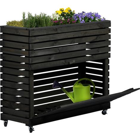 Grande Plate-Bande surélevée Rolla en Bois Massif Taille XL avec roulettes – Jardinière surélevée avec Compartiment de Rangement – 72 x 32,5 x 78 cm – Anthracite (1/4)